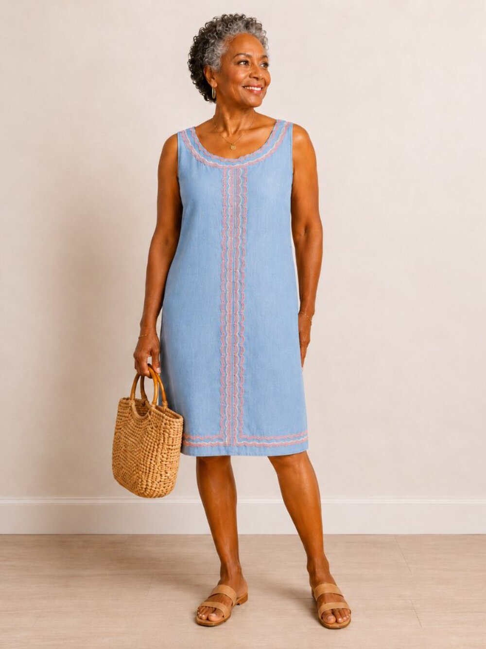 Talbots Blue Embroidered Sleeveless Shift Dress Coastal Preppy Knee Length 12
